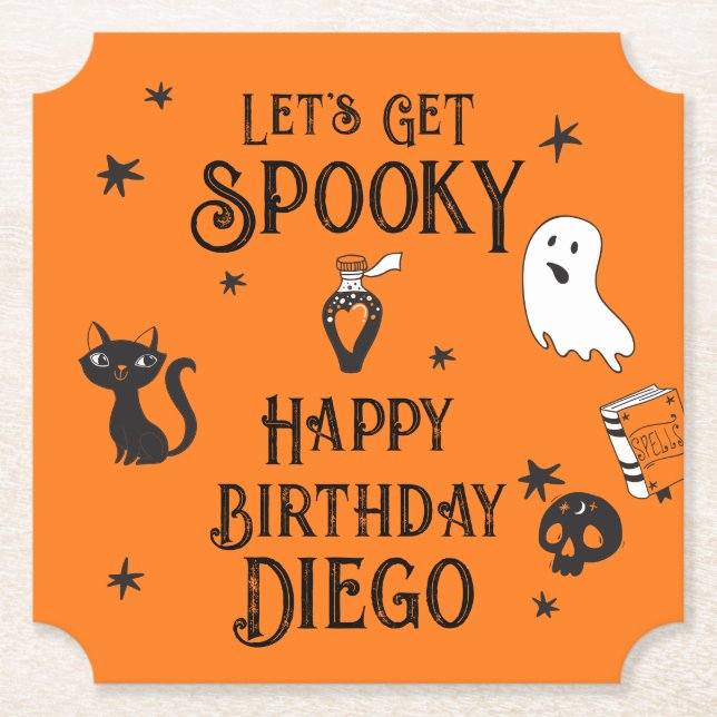 Retro Orange Halloween Birthday "Let's Get spooky" Paper Coaster (Front)