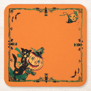 Retro Orange Halloween  Square Paper Coaster