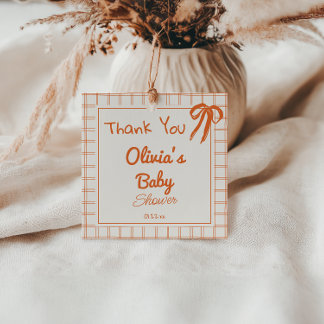 Retro Orange Hand Drawn Gingham Bow Baby Shower Favor Tags