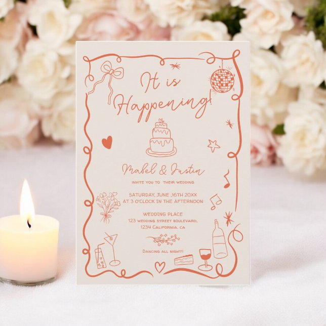 Retro Orange hand drawn illustrated photo wedding Invitation (Retro Orange hand drawn illustrated photo wedding Invitation)