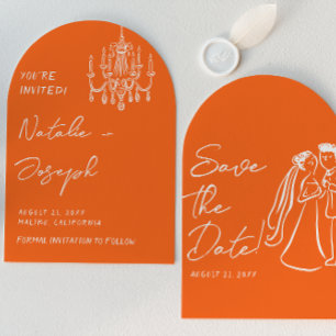 Retro Orange Hand Drawn Summer Arched Wedding  Save The Date