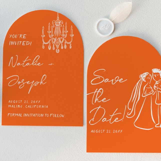 Retro Orange Hand Drawn Summer Arched Wedding  Save The Date (Creator Uploaded)