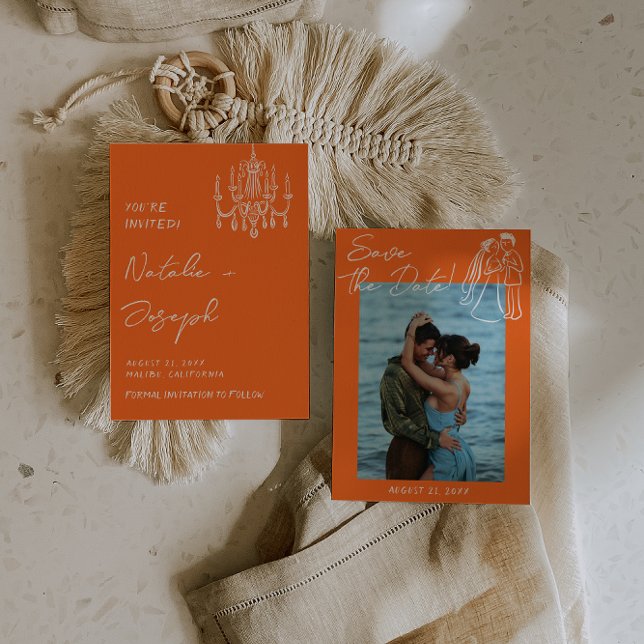 Retro Orange Hand Drawn Summer Wedding Photo Save The Date (Creator Uploaded)