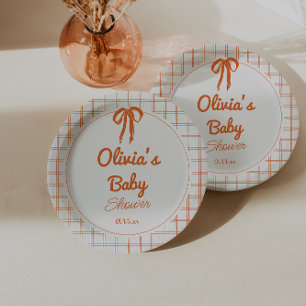 Retro Orange Hand Drawn Written Bow Baby Shower Paper Plates