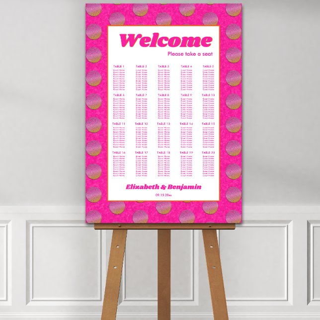 Retro Orange Hot Pink Disco Balls Seating Chart Faux Canvas Print (Front)