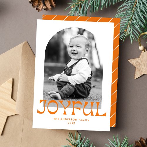 Retro Orange Joyful Arch Photo Holiday Card