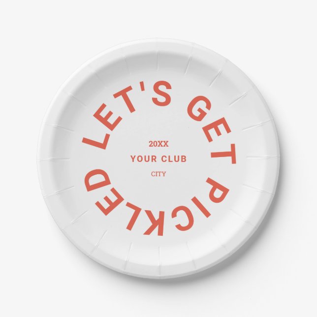 Retro Orange Let's Get Pickled Crest Pickleball Paper Plates (Front)
