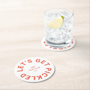 Retro Orange Let's Get Pickled Crest Pickleball Round Paper Coaster