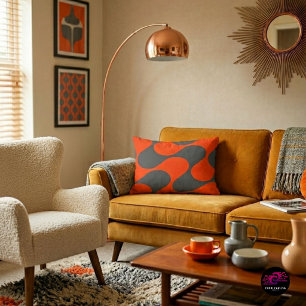 Retro Orange Mod Wave Pattern Accent Pillow