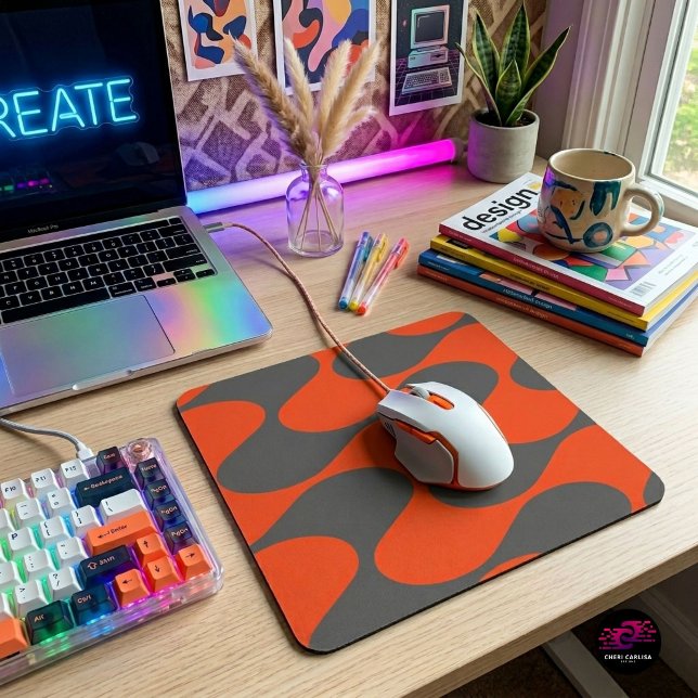 Retro Orange Mod Wave Pattern Mouse Pad (Your desk called. It’s tired of looking boring.)