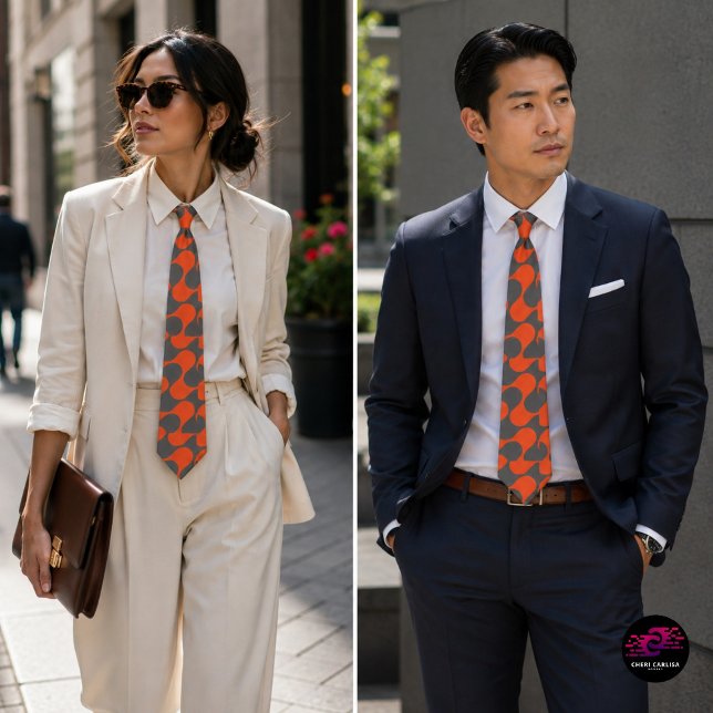Retro Orange Mod Wave Pattern Neck Tie (One tie. Two ways to own it. 🧡)