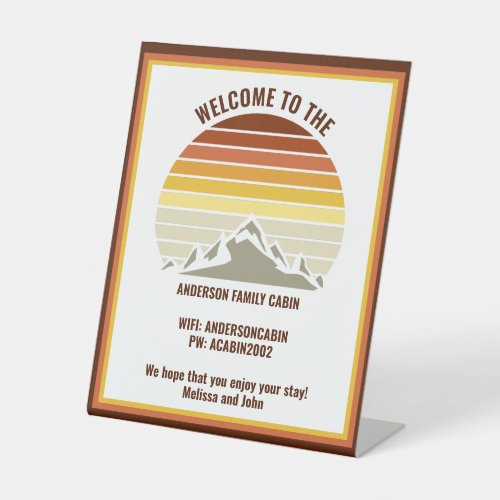 Retro Orange Mountain Sunset Custom Log Cabin Pedestal Sign