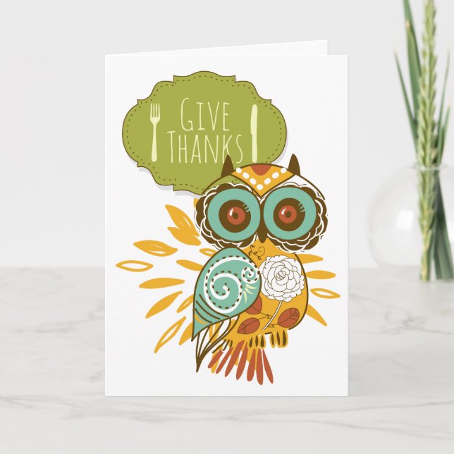 Retro Orange Owl Give Thanks Happy Thanksgiving Holiday Card (Front)