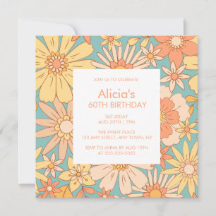 Retro Orange Peach Botanical Green 60th Birthday Invitation
