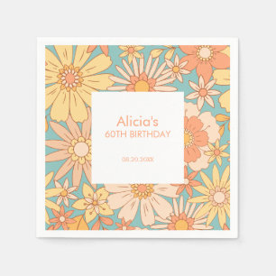 Retro Orange Peach Botanical Green 60th Birthday Napkins