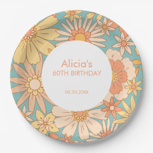 Retro Orange Peach Botanical Green 60th Birthday Paper Plates