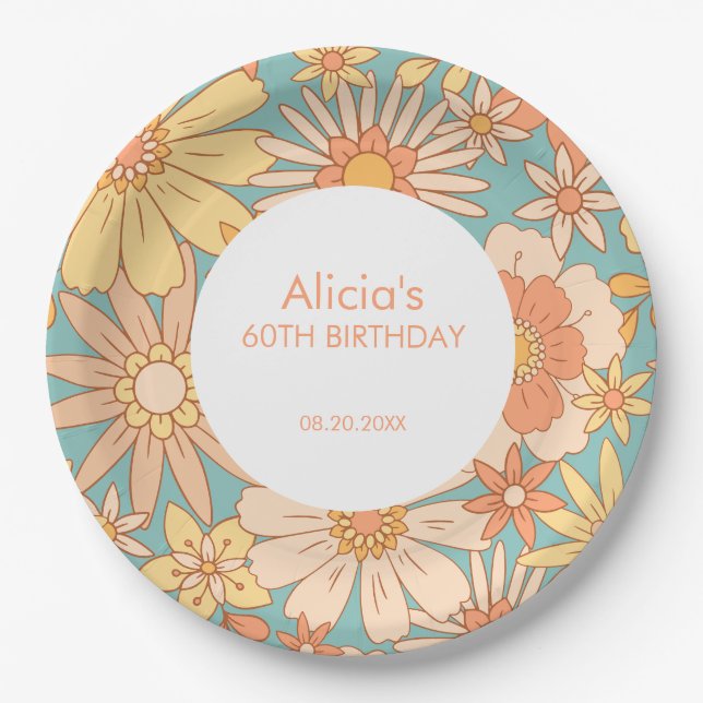 Retro Orange Peach Botanical Green 60th Birthday Paper Plates (Front)