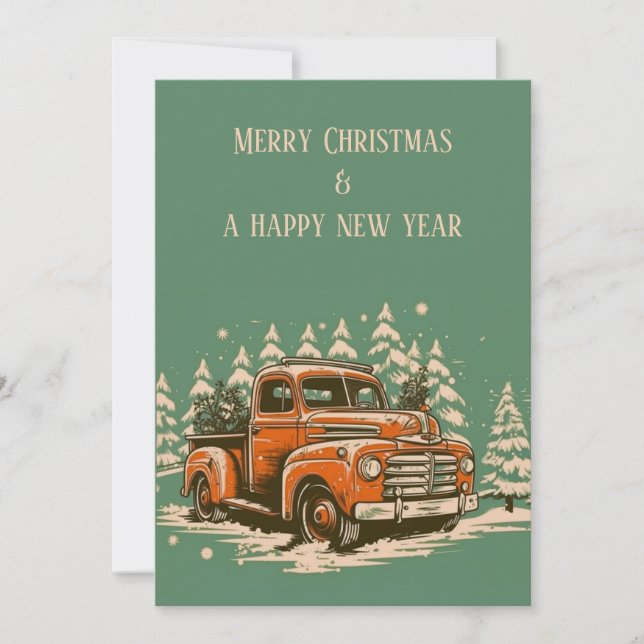 Retro Orange Pickup Truck Vintage Christmas Card (Front)
