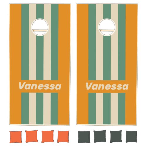 Retro Orange Pin Striped with Name Cornhole Set