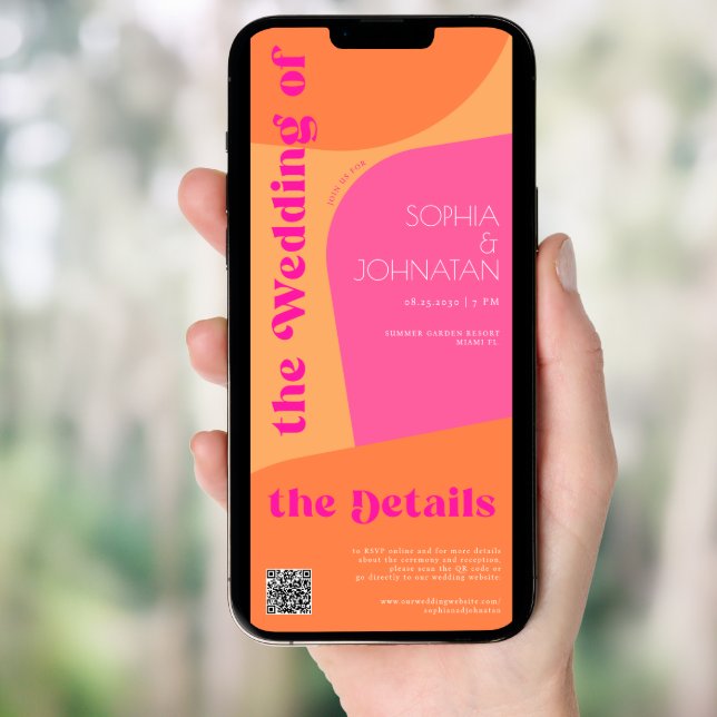 Retro orange pink abstract wedding rsvp details invitation (Front Digital)