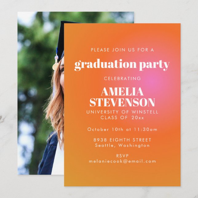 Retro Orange Pink Gradient Photo Graduation Party Invitation (Front/Back)