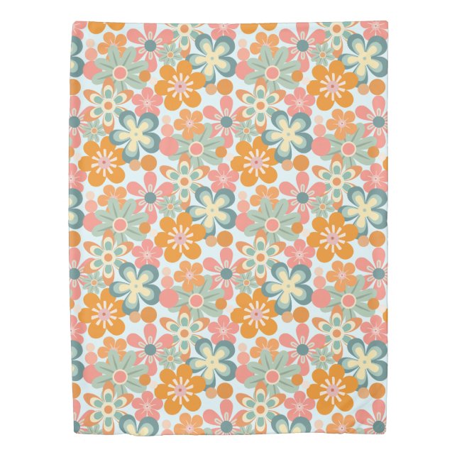 Retro Orange Pink Green Flower Pattern Duvet Cover (Front)