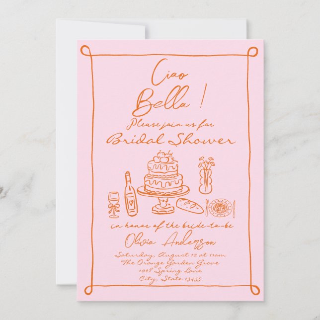 Retro Orange Pink Hand Drawn Italian Bridal Shower Invitation (Front)