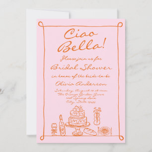 Retro Orange Pink Hand Drawn Italian Bridal Shower Invitation