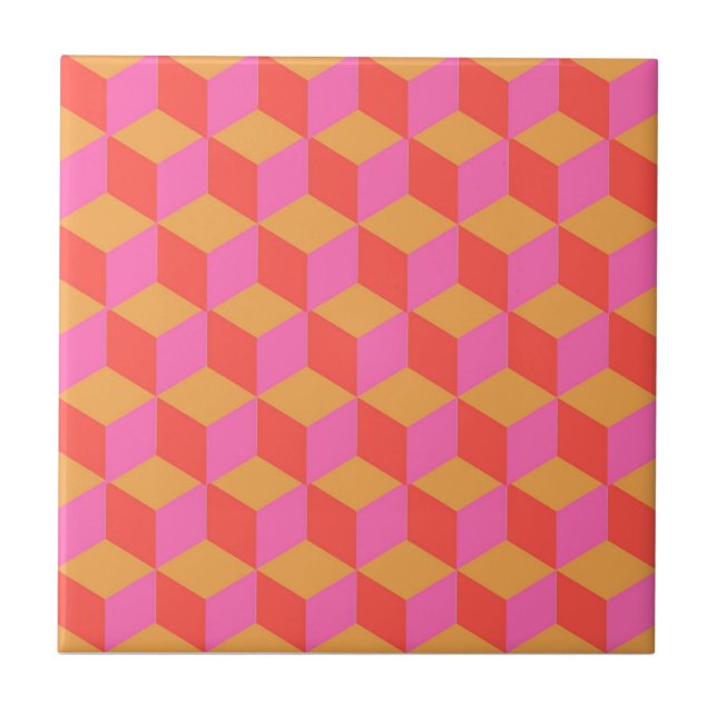 Retro Orange Pink Square Cube Geometric Pattern Ceramic Tile (Front)