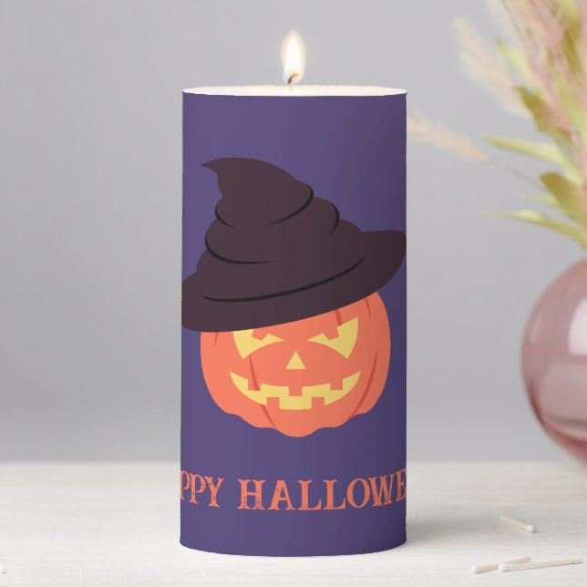 Retro Orange Pumpkin Happy Halloween Pillar Candle (In Situ)