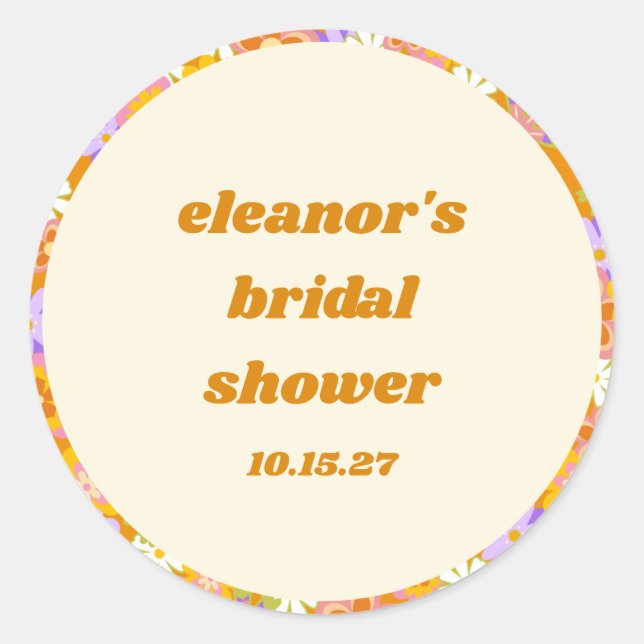 Retro Orange Purple Floral Custom Bridal Shower Classic Round Sticker (Front)
