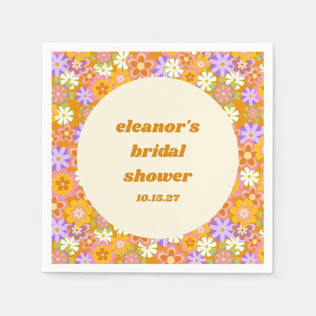 Retro Orange Purple Floral Custom Bridal Shower Napkins (Front)