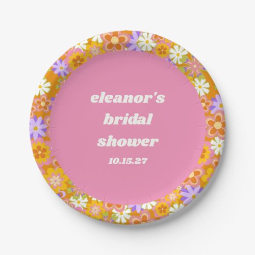 Retro Orange Purple Floral Custom Bridal Shower Paper Plates