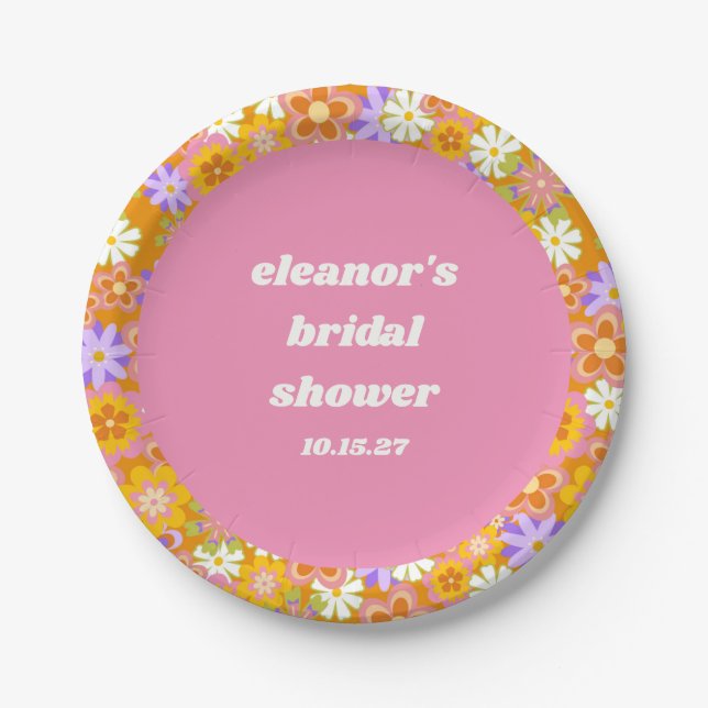 Retro Orange Purple Floral Custom Bridal Shower Paper Plates (Front)
