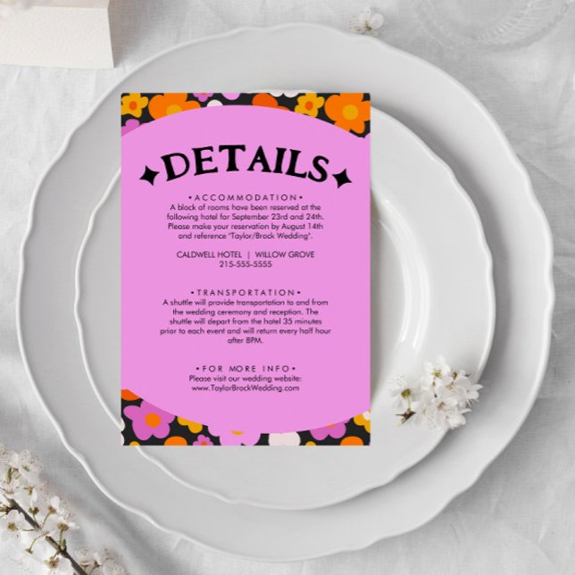 Retro Orange Purple Floral Groovy Wedding Details  Enclosure Card (Creator Uploaded)