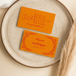 Retro Orange Red Handwritten Drawn Unique Girly Business Card