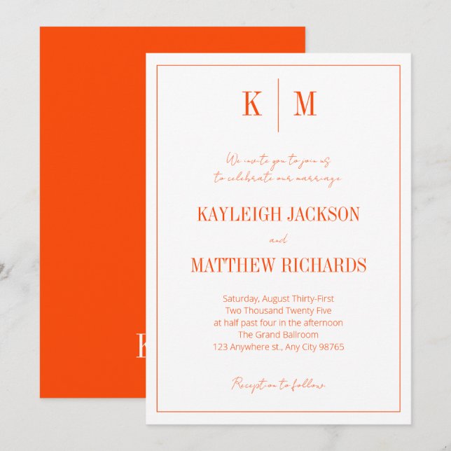 Retro Orange Red Monogram Elegant Wedding  Invitation (Front/Back)
