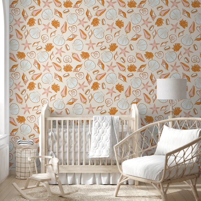Retro Orange & Red Nautical Seashell  Wallpaper (Kids)