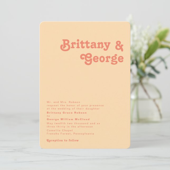 Retro Orange Rounded Corner Traditional Wedding Invitation (Standing Front)