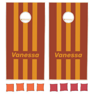 Retro Orange Rust Three Pin Striped with Name Cornhole Set