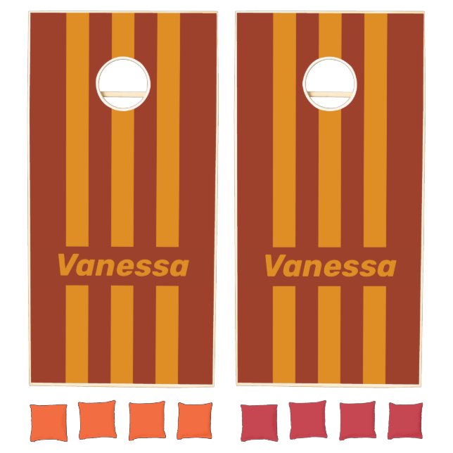 Retro Orange Rust Three Pin Striped with Name Cornhole Set (Set)