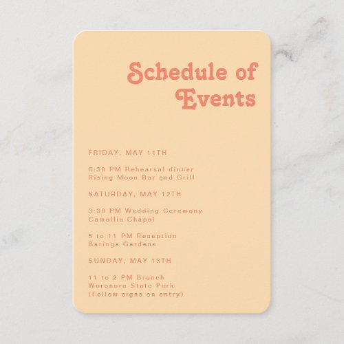 Retro Orange Schedule of Events Rounded Edges Enclosure Card