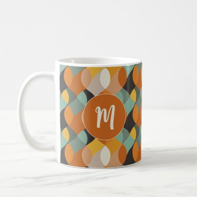 Retro Orange Teal Gold Monogram Oval Shapes  Coffee Mug (Left)