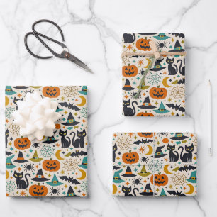 Retro Orange Teal Mid-Century Halloween Wrapping Paper Sheets