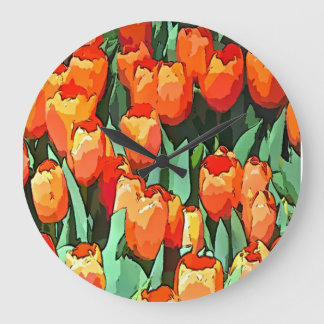 Retro Orange Tulips Large Clock