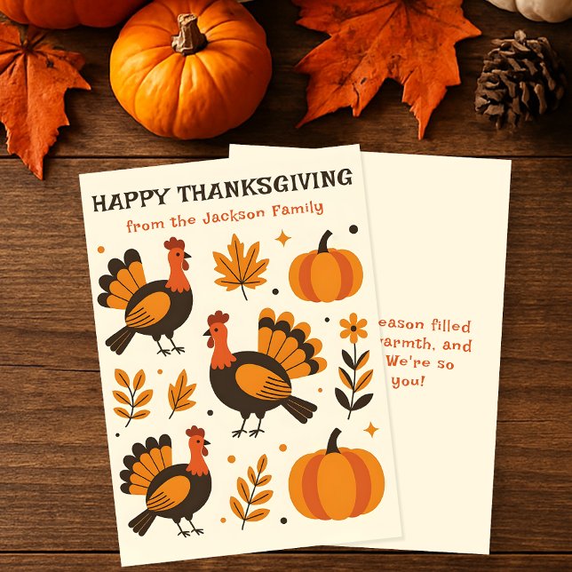 Retro Orange Turkey Family Thanksgiving Greetings Card (Creator Uploaded)