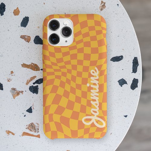 Retro Orange Warped Checker Board Custom Name iPhone 13 Pro Case