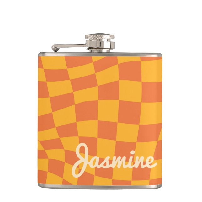 Retro Orange Warped Checker Board Custom Name Flask (Front)