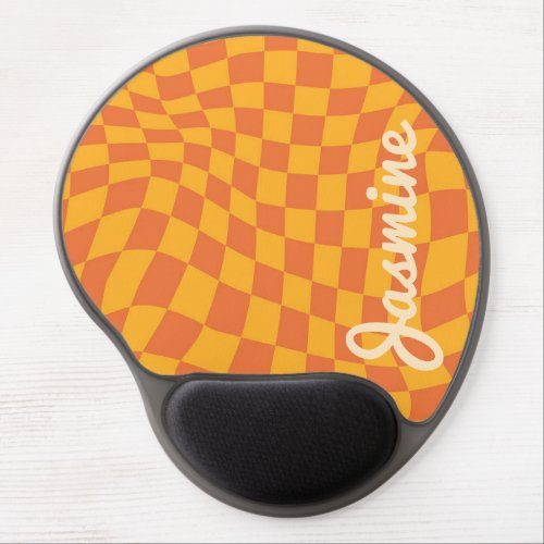 Retro Orange Warped Checker Board Custom Name Gel Mouse Pad