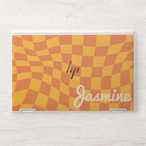 Retro Orange Warped Checker Board Custom Name HP Laptop Skin